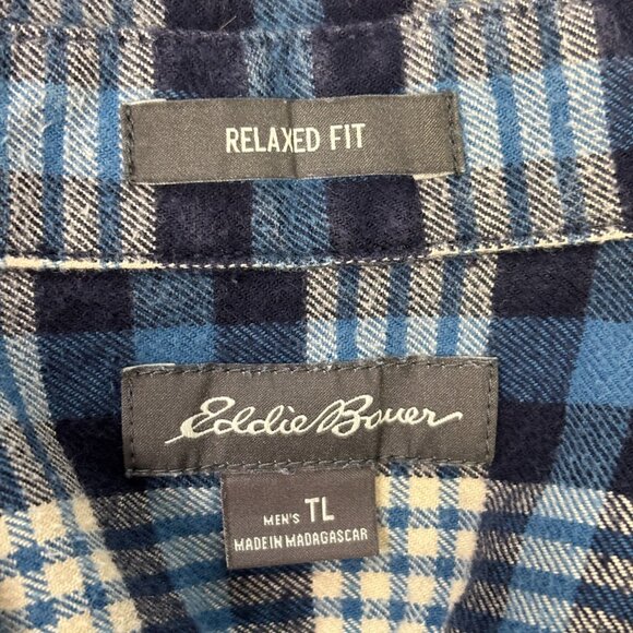 Eddie Bauer Shirt Large Tall LT Flannel Blue Plaid Cotton Button-Up Men's TL - Picture 7 of 8